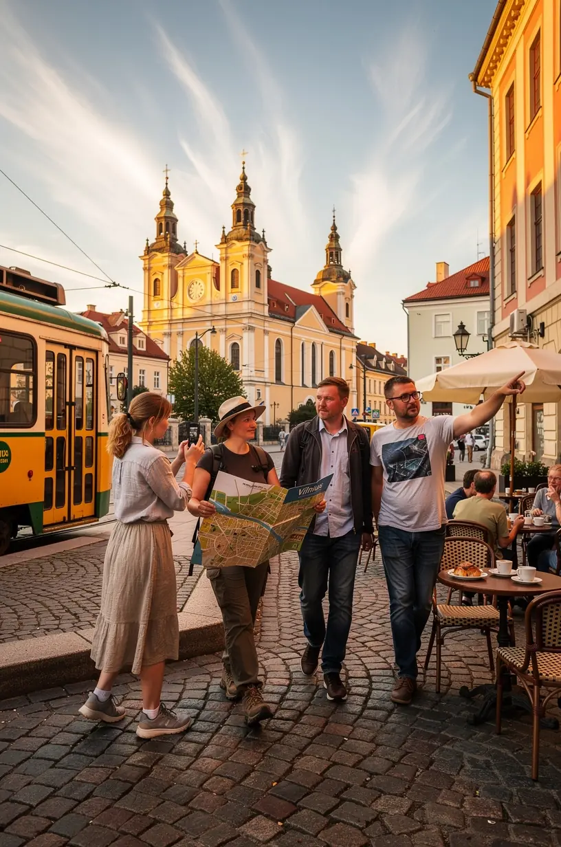 Keleiviai vaikšto pėsčiųjų take per senamiesčio gatves, matomi informaciniai ženklai apie istorinius objektus ir susisiekimą regioniniais autobusais